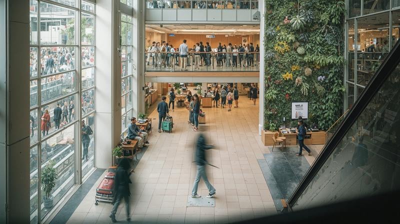 吹き抜けのショッピングモールを行き交う人々