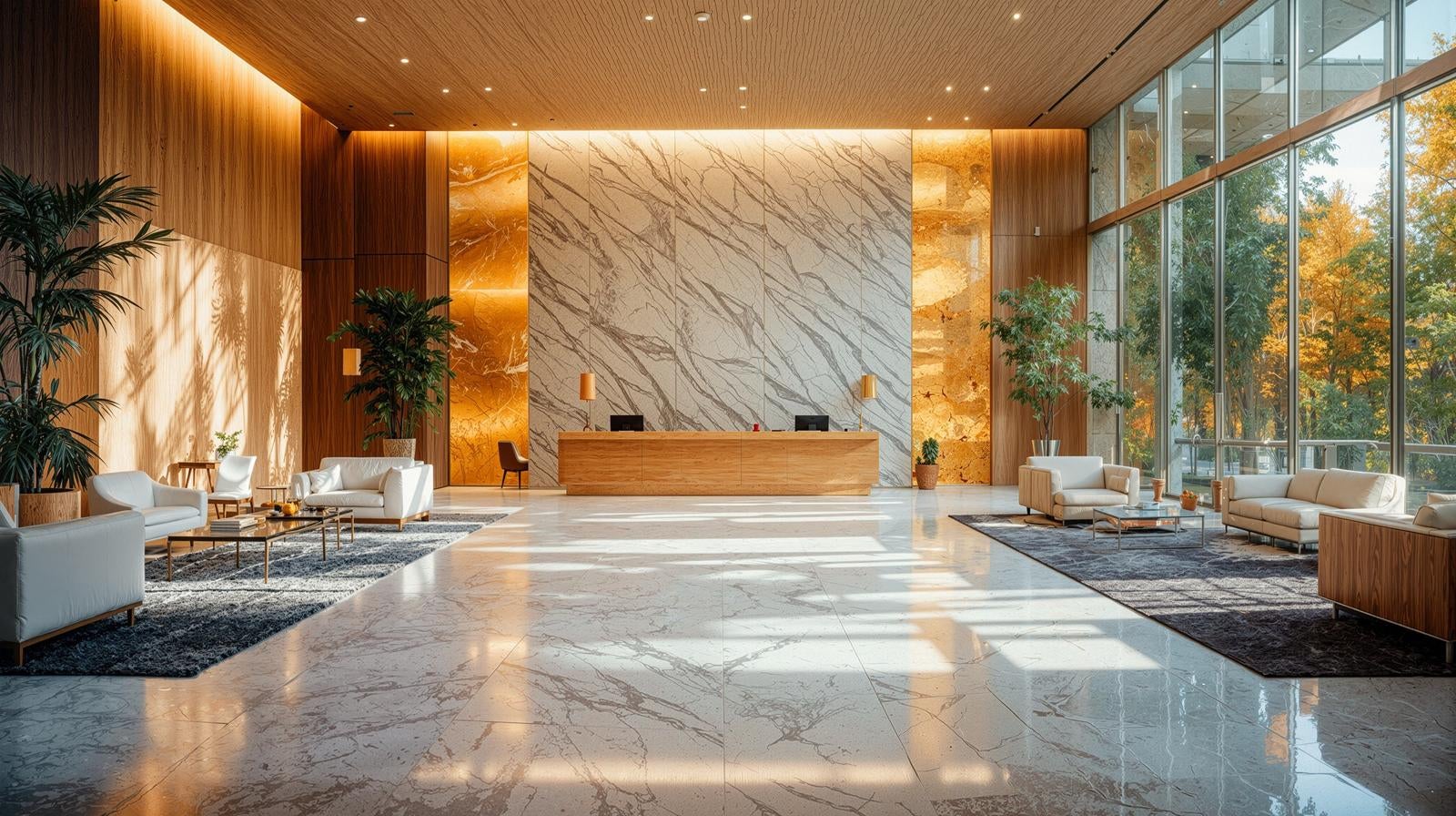 Luxury hotel lobby front desk and sofa with indirect lighting illuminating marble walls and wood grain ceiling