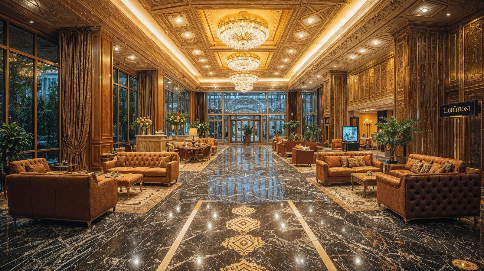 Interior of a luxury hotel lobby with a marble floor and shimmering crystal chandelier