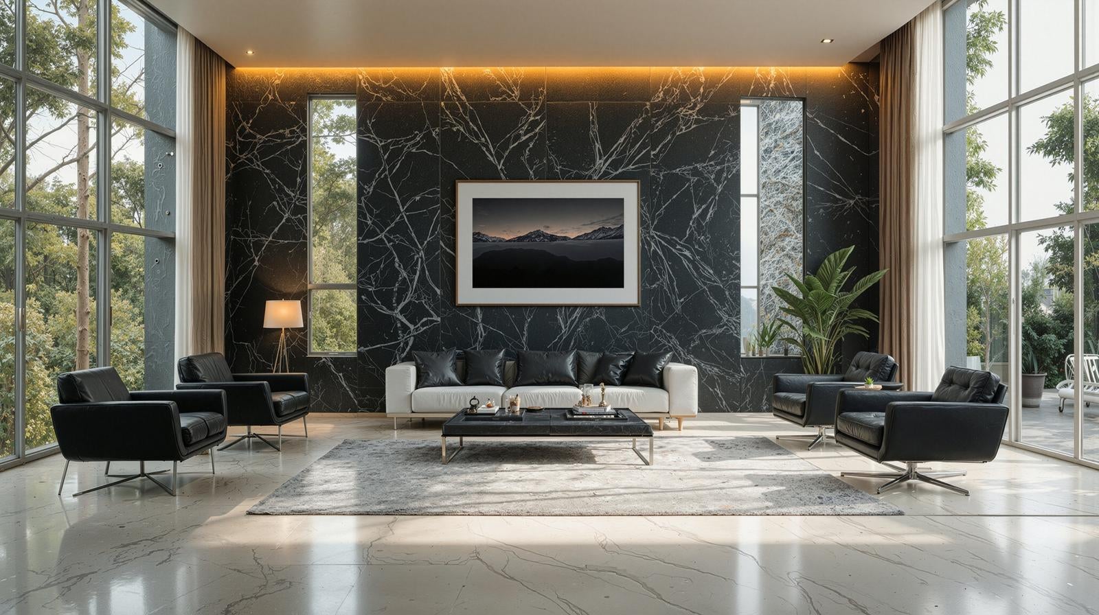 Luxury model room living room featuring a black marble wall, white sofa, and black leather chair