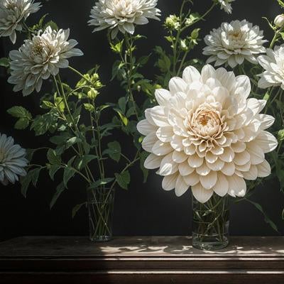 花瓶に飾られた白ダリアの写真