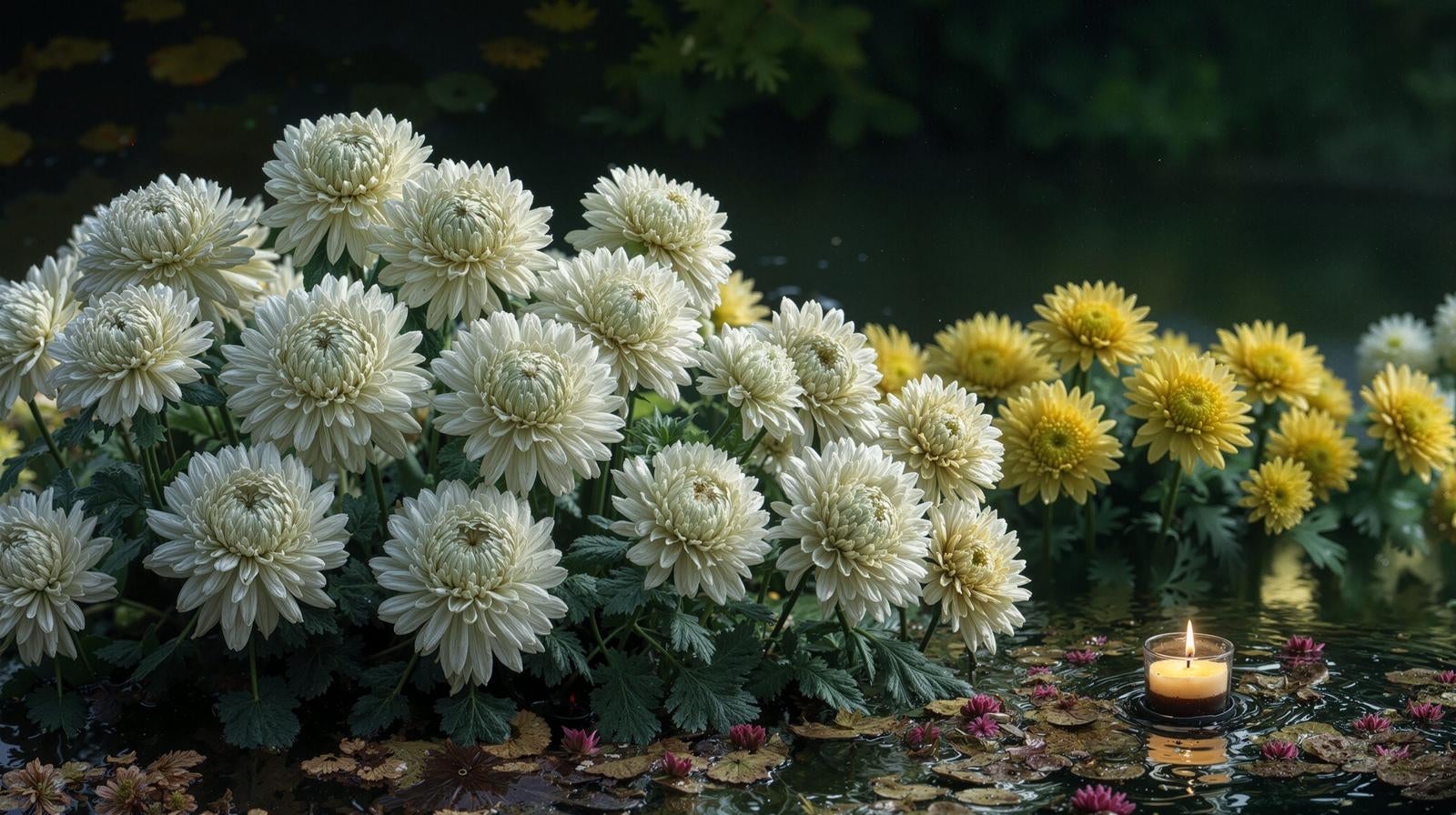 「水辺に咲く菊と祈りの灯火」の写真