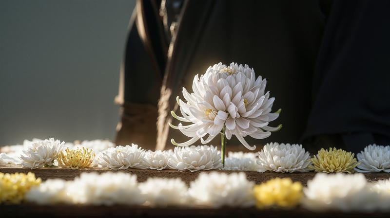 並べられた菊の中で一輪だけ立つ花の写真