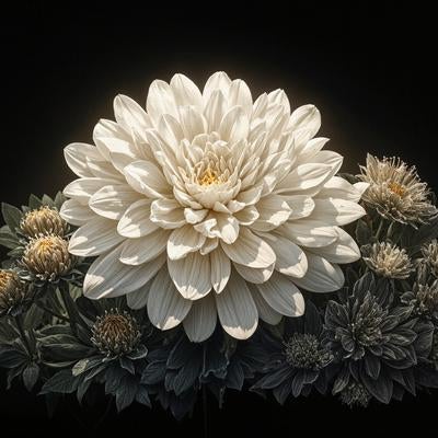 黒背景に映える純白のダリアの写真