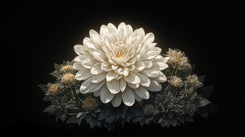 黒背景に映える純白のダリアの写真