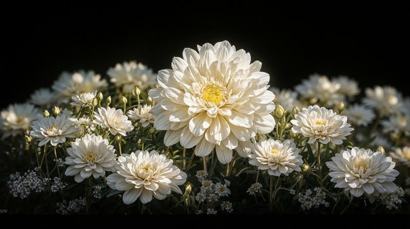 大輪の白菊が彩る庭園の写真
