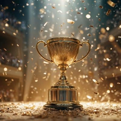 黄金のトロフィーと舞い上がる紙吹雪の写真
