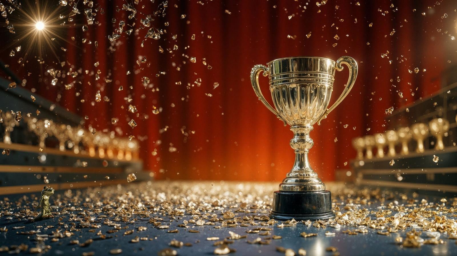 「舞台に輝く銀のトロフィーと金色の紙吹雪」の写真