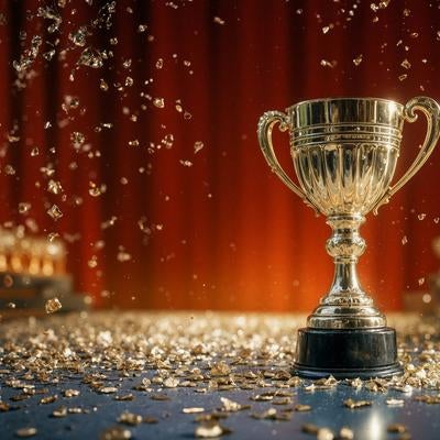 舞台に輝く銀のトロフィーと金色の紙吹雪の写真