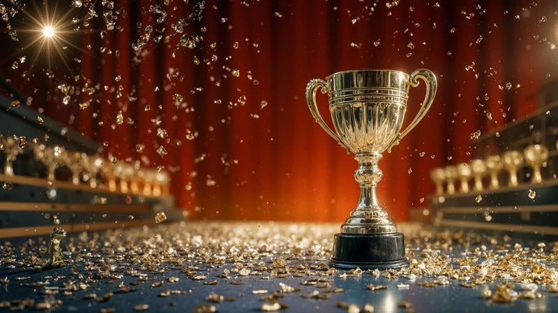 舞台に輝く銀のトロフィーと金色の紙吹雪の写真