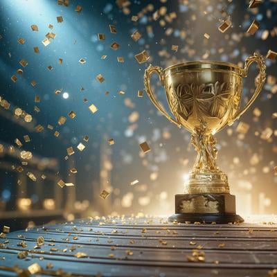 ステージ上に置かれた金色のトロフィーを中心に舞う紙吹雪の写真