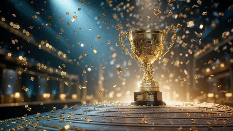 ステージ上に置かれた金色のトロフィーを中心に舞う紙吹雪の写真