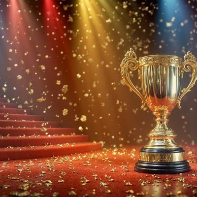 黄金のトロフィーが置かれているレッドカーペットの写真