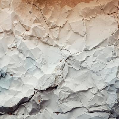 乾いた土壌のようなひび割れと剥離が広がる古い壁面の写真