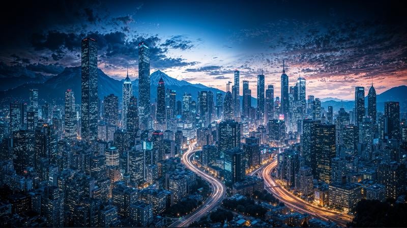 夜間のビジネス街を照らす高層ビル群の都市景観と光の流れの写真