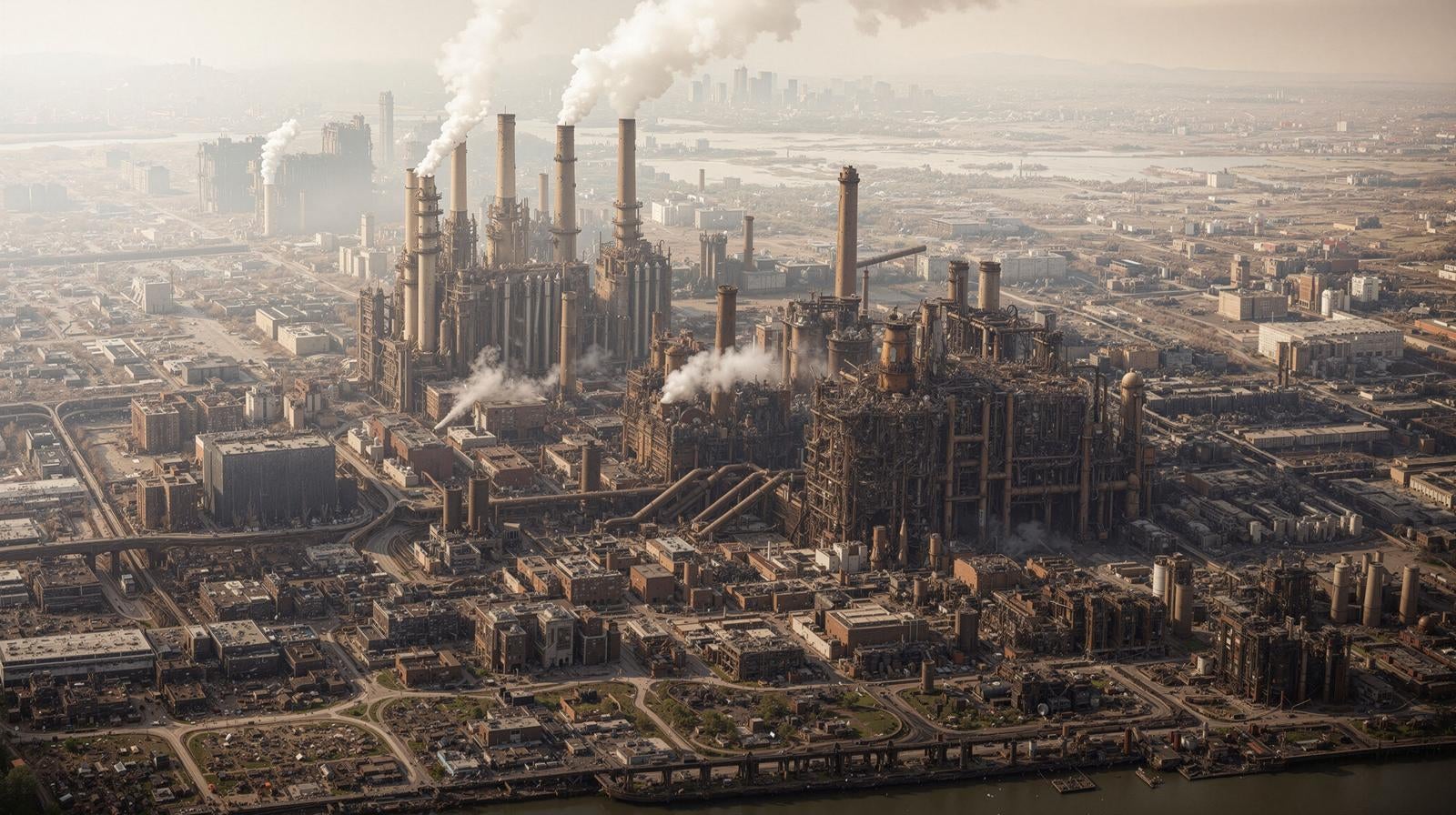 「白煙が立ちのぼる湾岸コンビナート」の写真