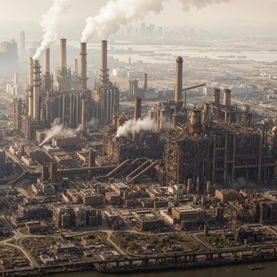 白煙が立ちのぼる湾岸コンビナートの素材