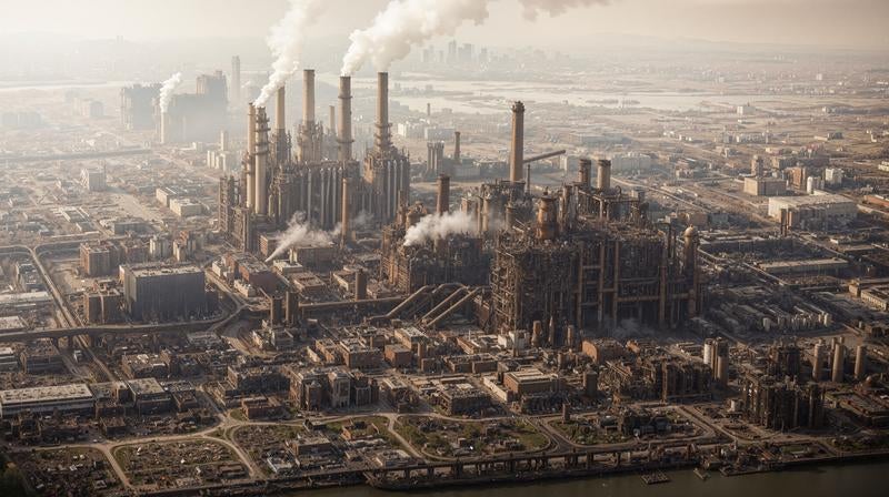 白煙が立ちのぼる湾岸コンビナートの写真