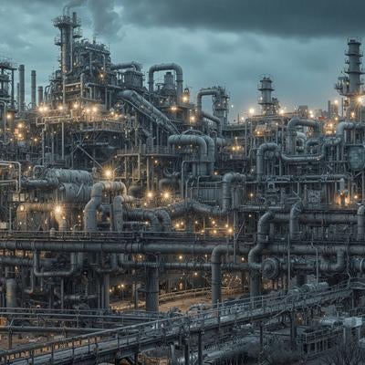 無数の配管と鉄骨が複雑に絡み合う巨大な工業プラントの写真