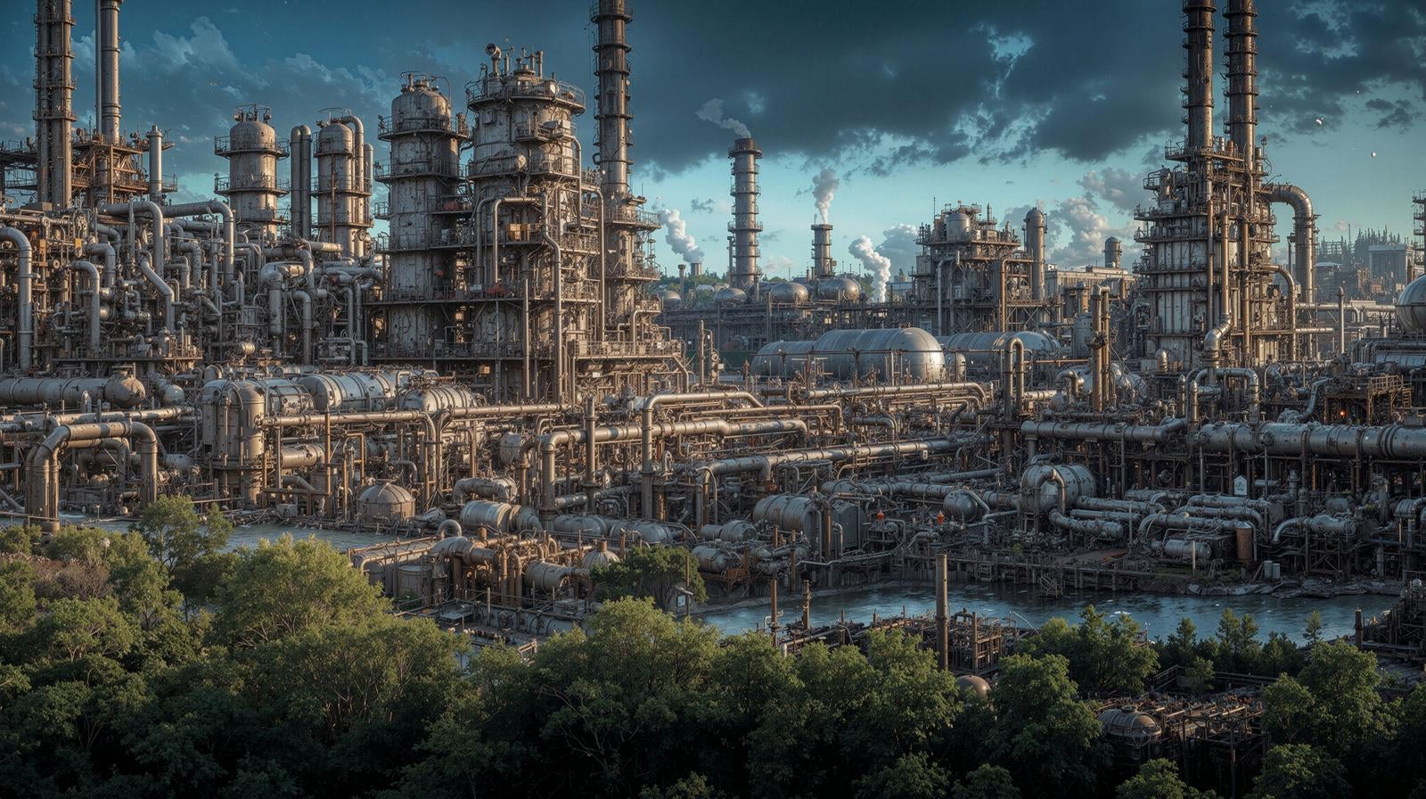 「緑地帯の向こうにそびえる重工業プラント」の写真