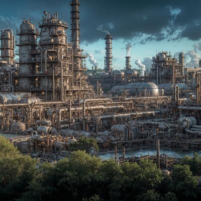 緑地帯の向こうにそびえる重工業プラントの写真