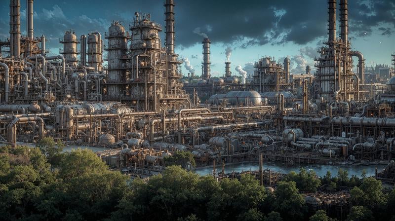 緑地帯の向こうにそびえる重工業プラントの写真