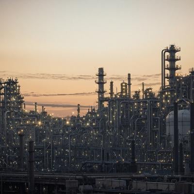 夕暮れの空に浮かぶ工場群のシルエットの写真