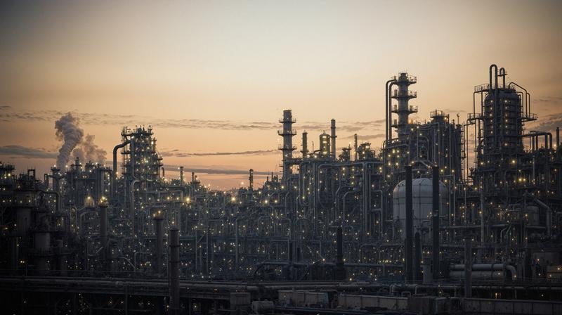 夕暮れの空に浮かぶ工場群のシルエットの写真