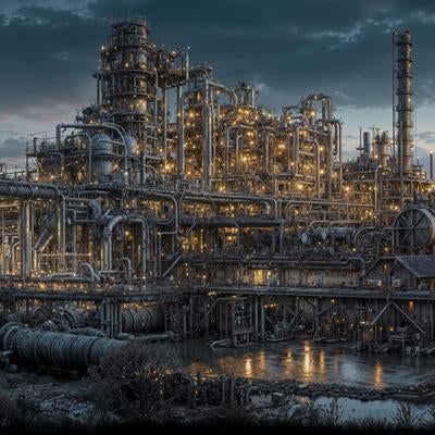 複雑な配管群が立体的に広がる重工業施設の写真