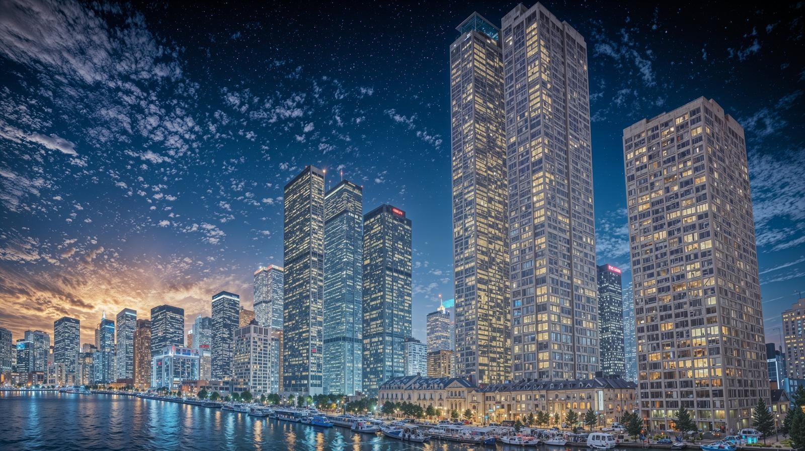 「夕暮れの都市部高層ビル群」の写真