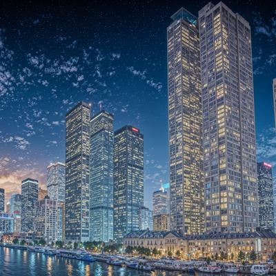 夕暮れの都市部高層ビル群の写真