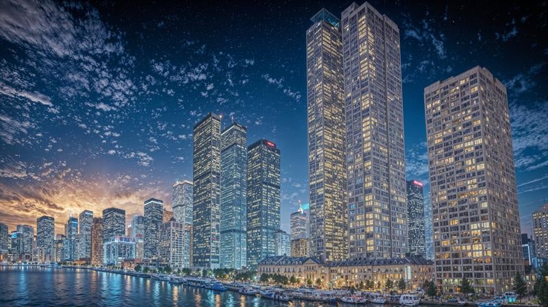 夕暮れの都市部高層ビル群の写真