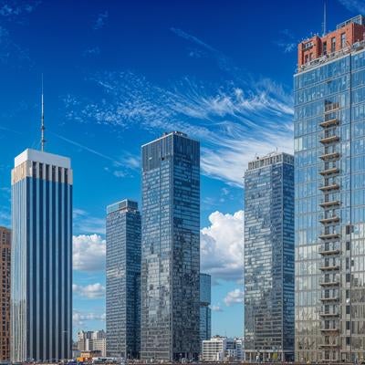 都市部のガラス張り超高層建築の写真