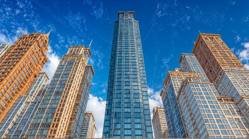 青空に映える高層ビル群の写真