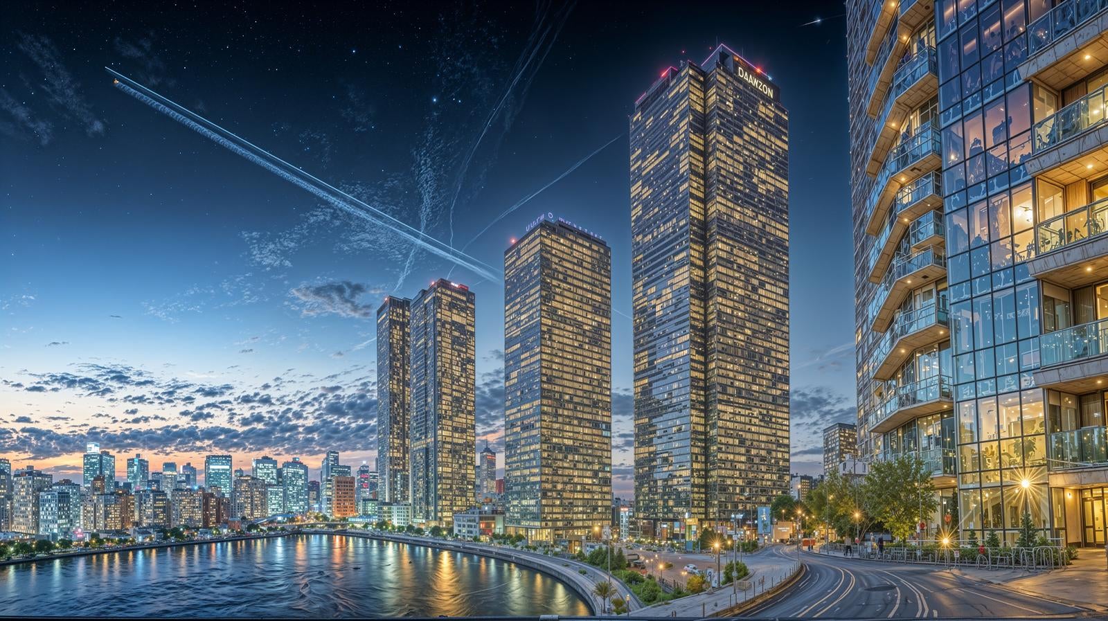 「未来都市の夜景と高層ビル群」の写真