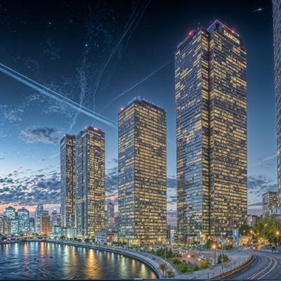 未来都市の夜景と高層ビル群の写真