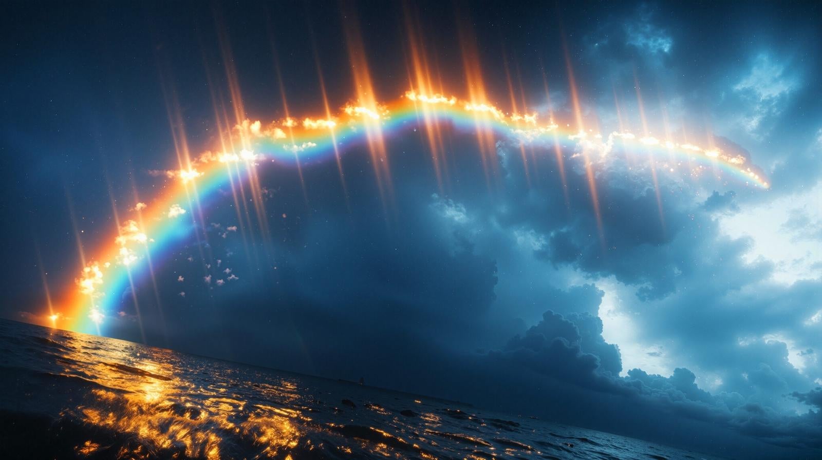「夜空に輝く虹と波」の写真