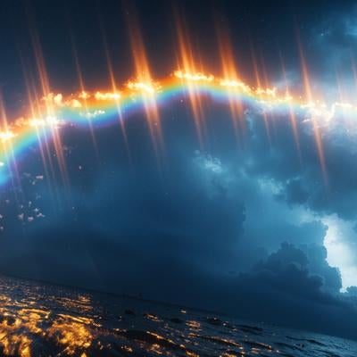 夜空に輝く虹と波の写真