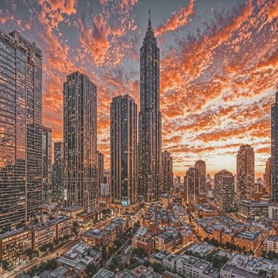 夕焼け空と摩天楼の写真