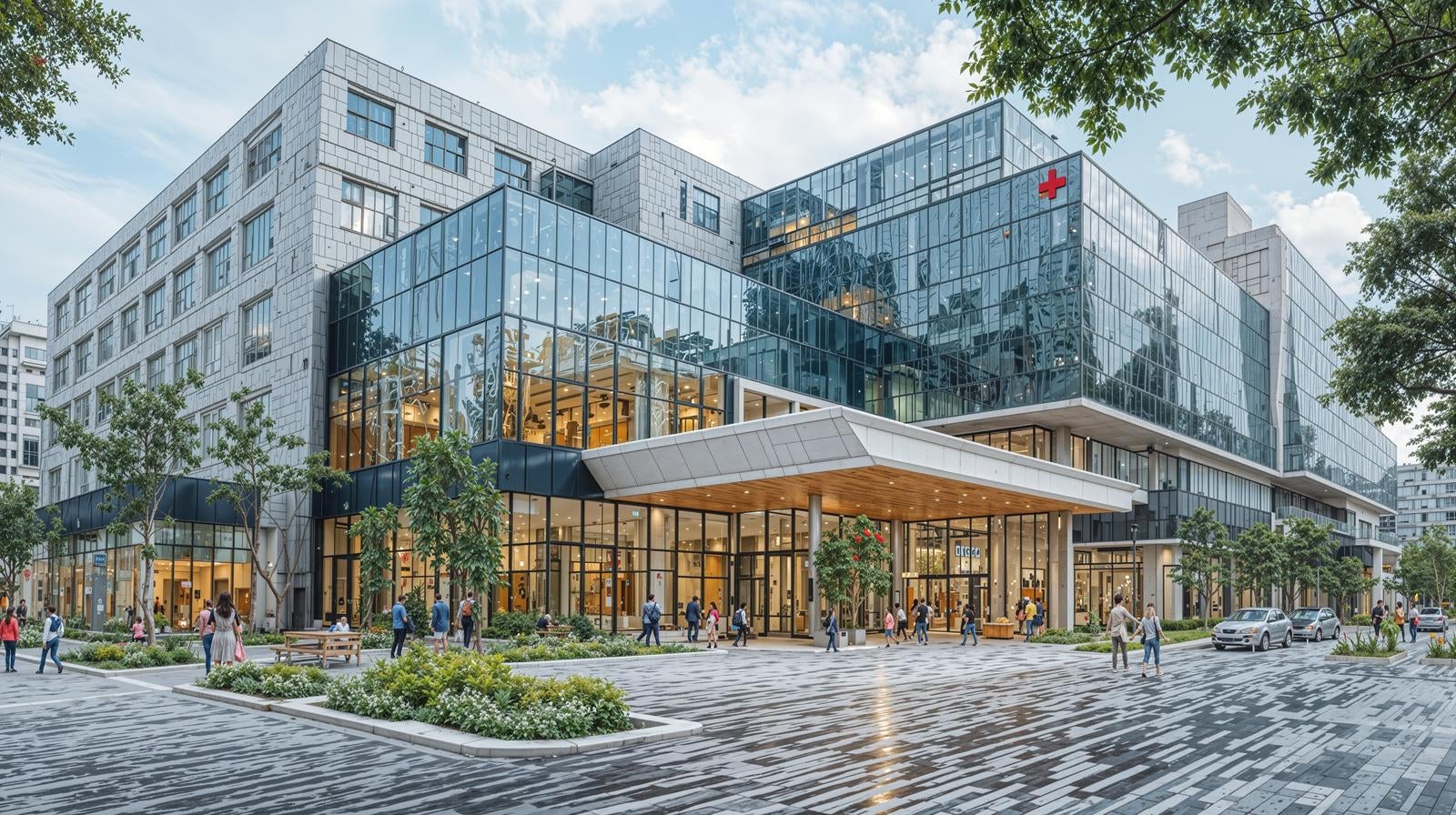 ガラス張りモダンデザインの総合病院風建築とエントランス広場