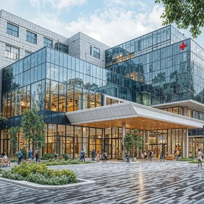 赤十字マークが掲げられた医療施設の広場エントランスの写真