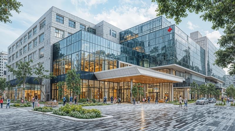 赤十字マークが掲げられた医療施設の広場エントランス