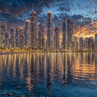 夕暮れの都市と水面に映る高層ビル群の写真