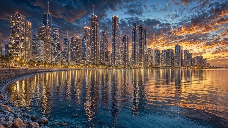 夕暮れの都市と水面に映る高層ビル群