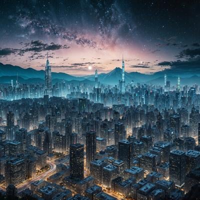 銀河系と星空が広がる夜間の高層ビル群と山々の俯瞰風景の写真
