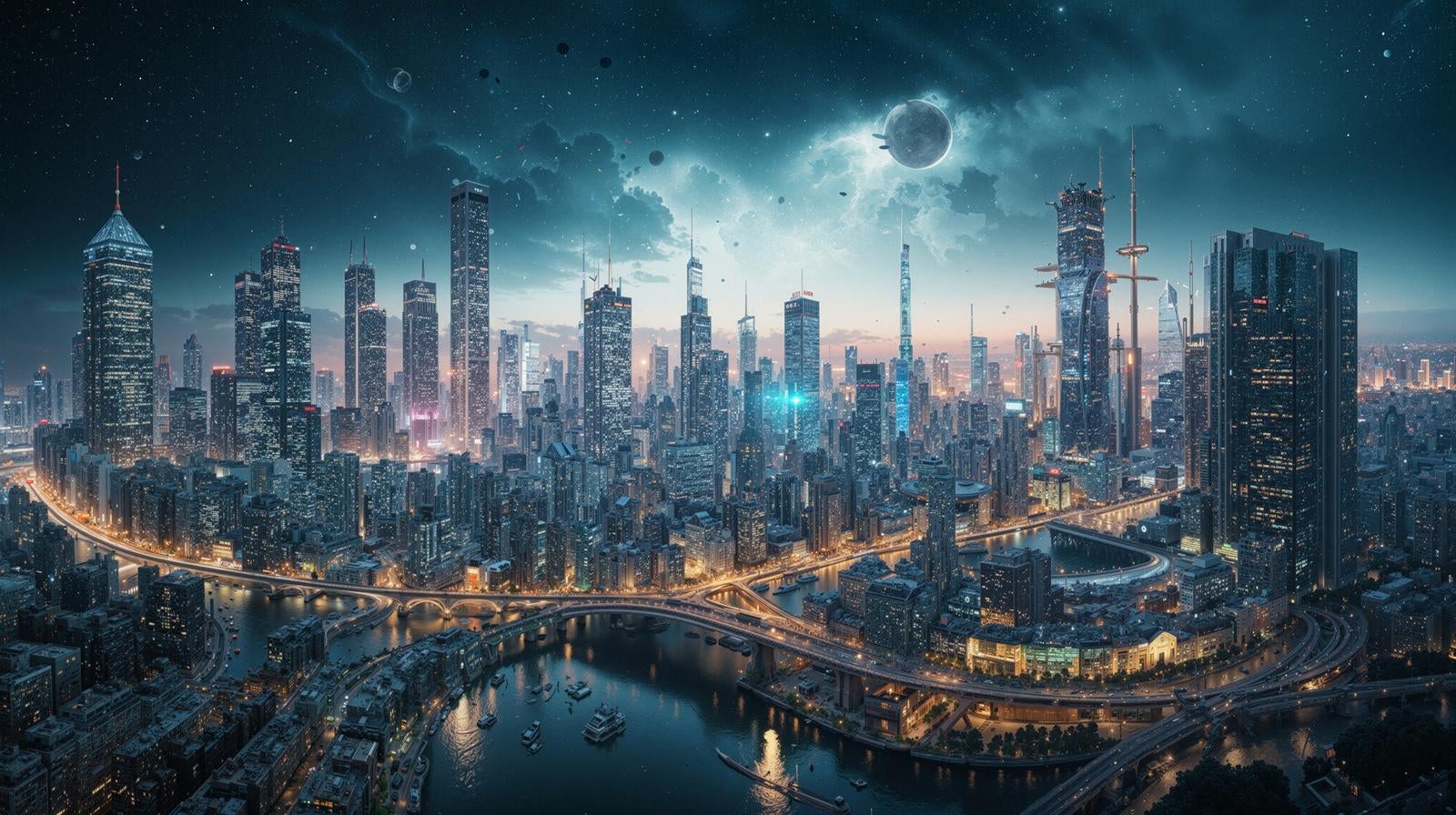 未来都市風の高層ビル群と惑星が浮かぶ青い夜景