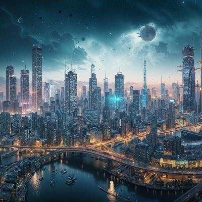 青い光に包まれた高層ビル群と惑星が浮かぶ未来都市夜景の写真