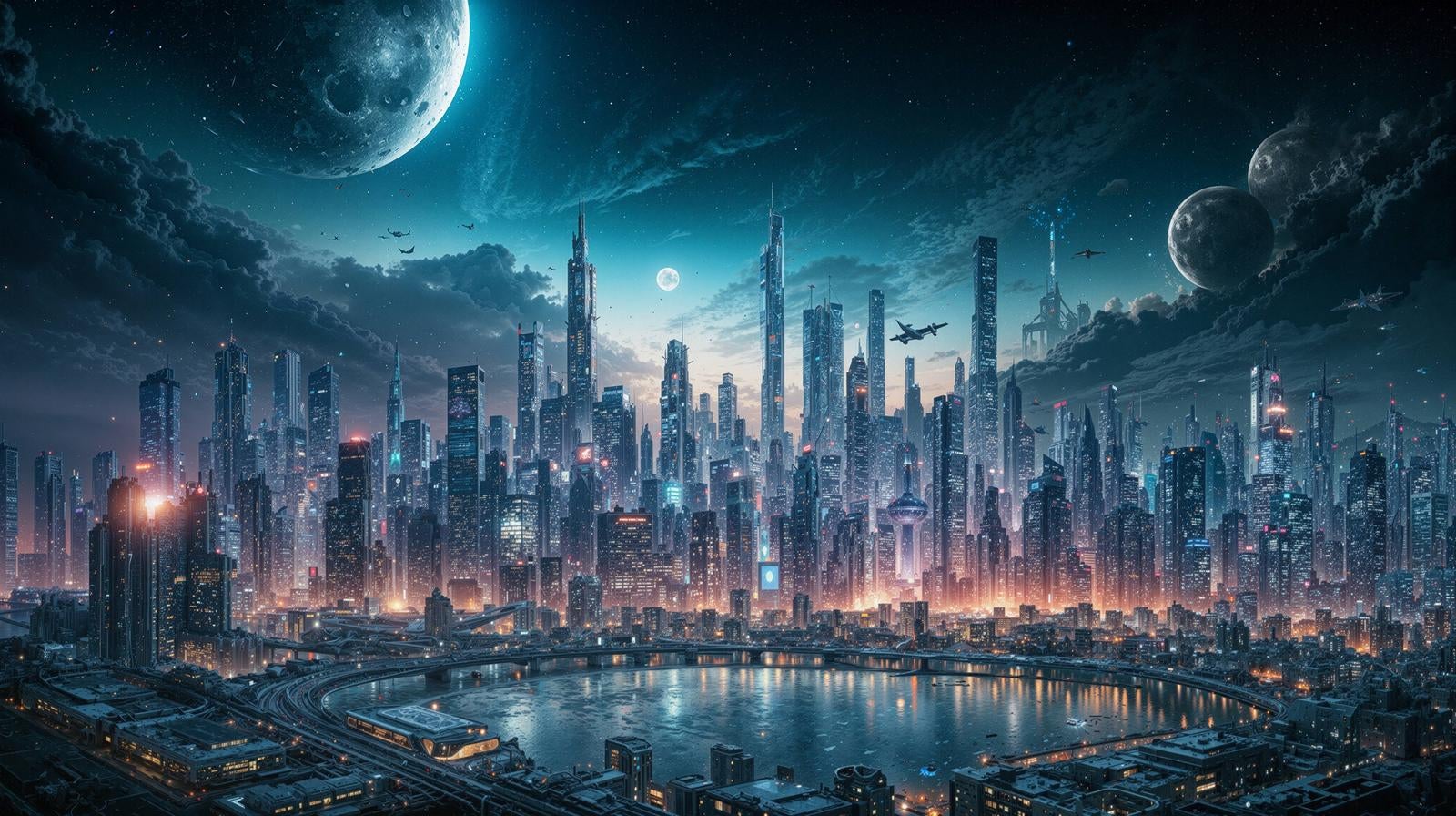 青紫色の月と高層ビルが立ち並ぶ架空の未来都市の夜景