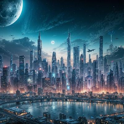 テクノロジーに彩られた夜間の近未来都市風景と宇宙の写真