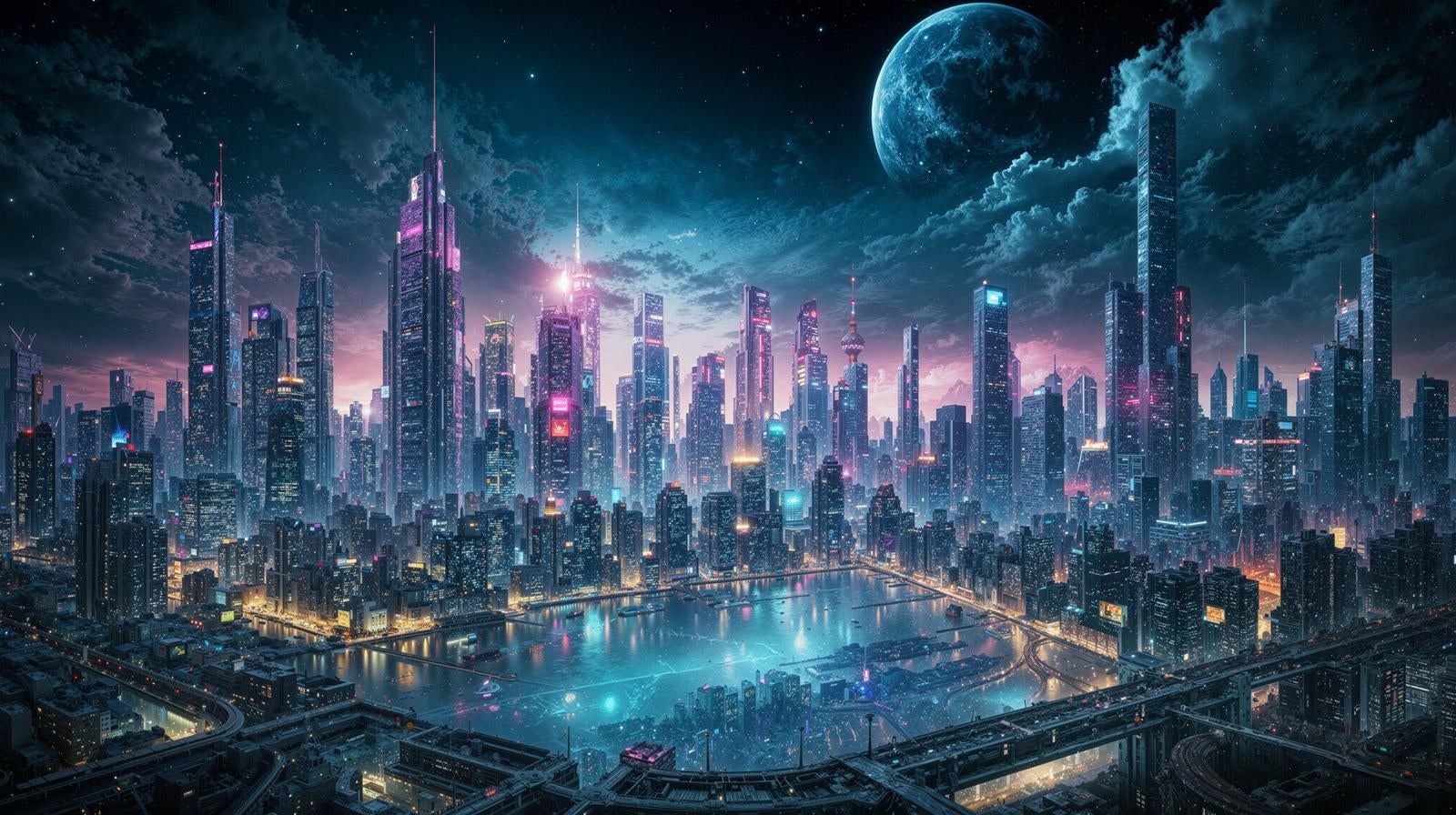 ネオンライトに輝く高層ビル群が立ち並ぶ未来都市の夜景風景